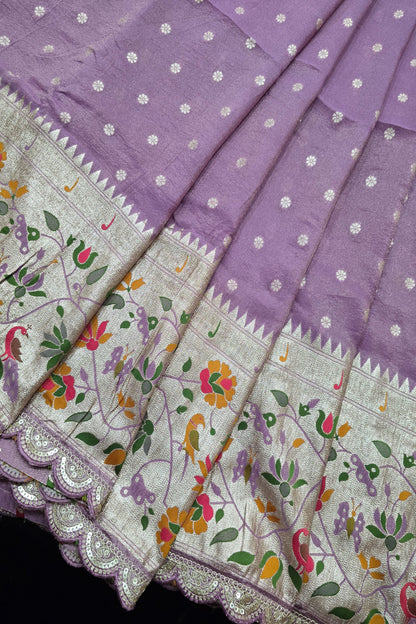 Traditional Peacock & Parrot Floral Pathani Inspired Uppada Tissue Fabric With Scalloped Border
