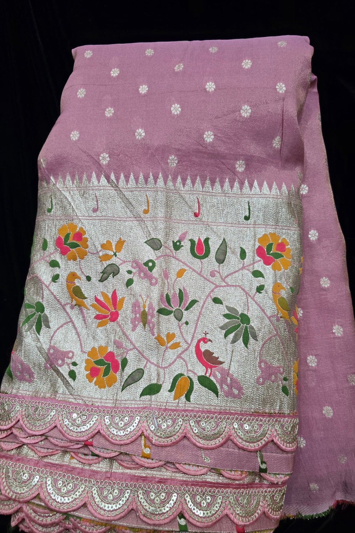 Traditional Peacock & Parrot Floral Pathani Inspired Uppada Tissue Fabric With Scalloped Border