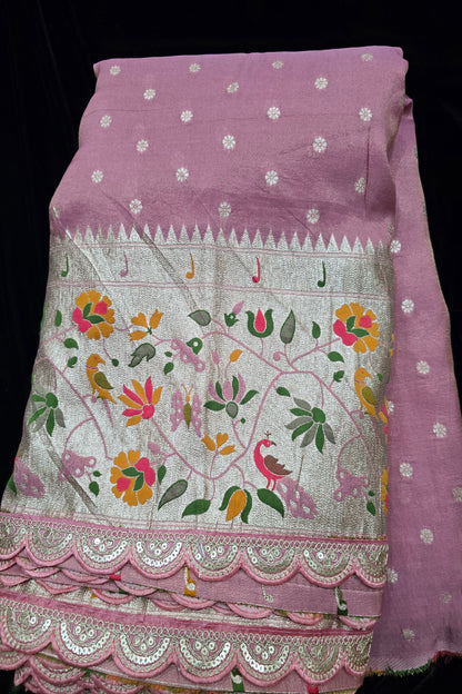 Traditional Peacock & Parrot Floral Pathani Inspired Uppada Tissue Fabric With Scalloped Border