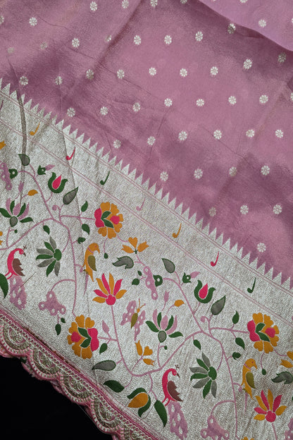 Traditional Peacock & Parrot Floral Pathani Inspired Uppada Tissue Fabric With Scalloped Border