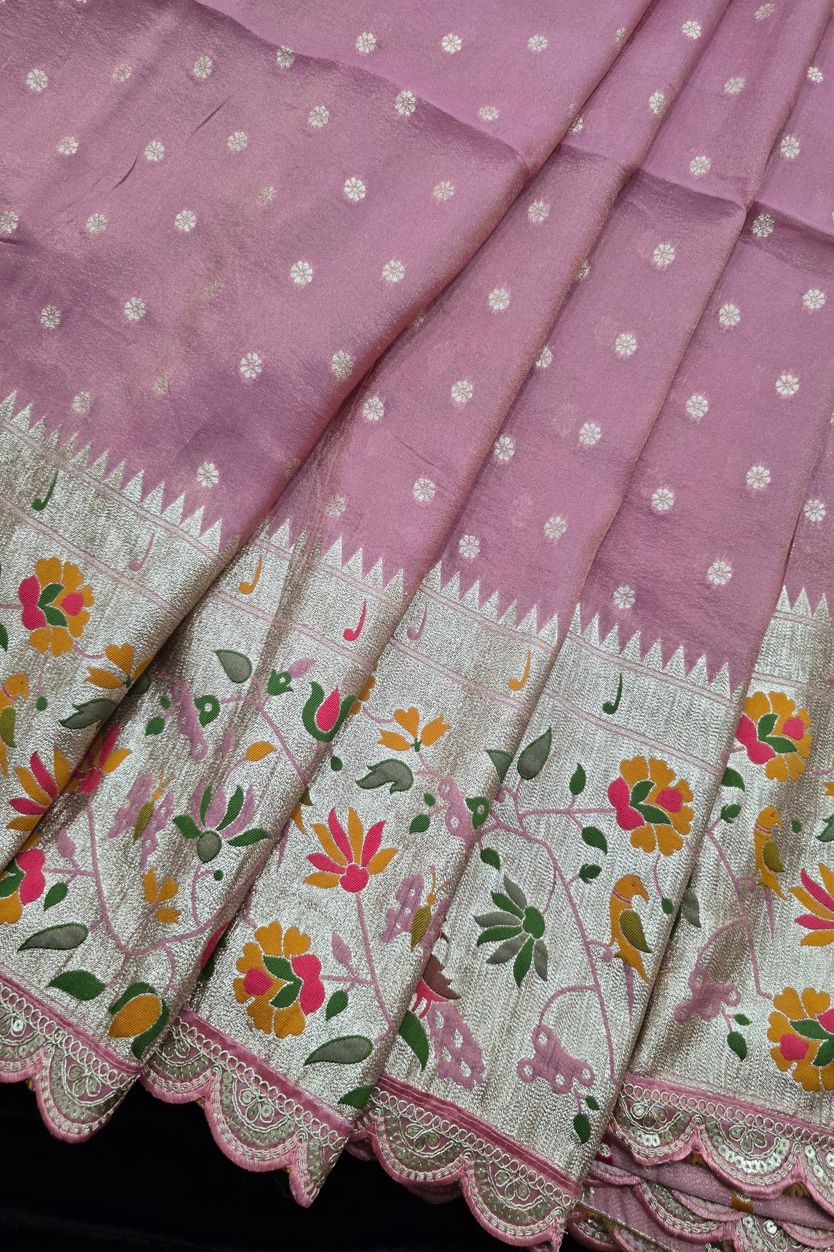 Traditional Peacock & Parrot Floral Pathani Inspired Uppada Tissue Fabric With Scalloped Border