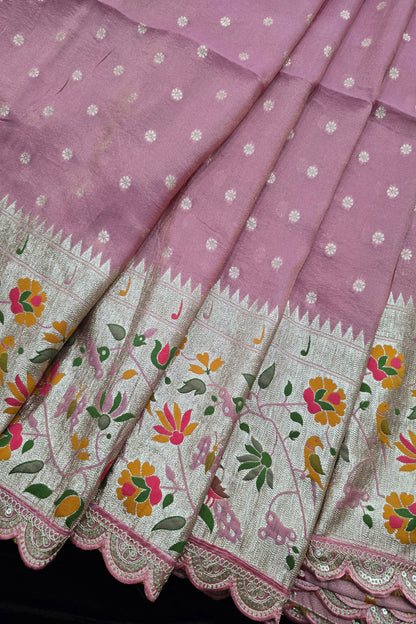 Traditional Peacock & Parrot Floral Pathani Inspired Uppada Tissue Fabric With Scalloped Border