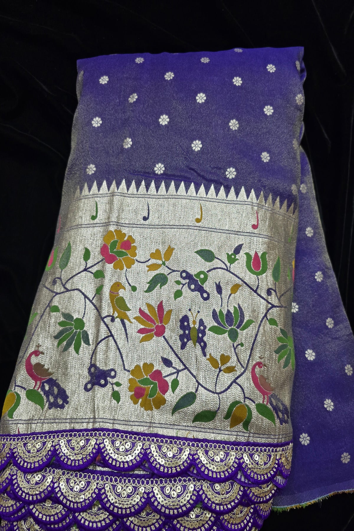 Traditional Peacock & Parrot Floral Pathani Inspired Uppada Tissue Fabric With Scalloped Border