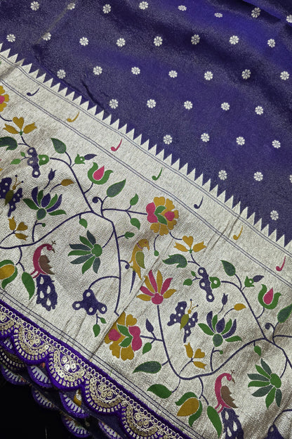 Traditional Peacock & Parrot Floral Pathani Inspired Uppada Tissue Fabric With Scalloped Border