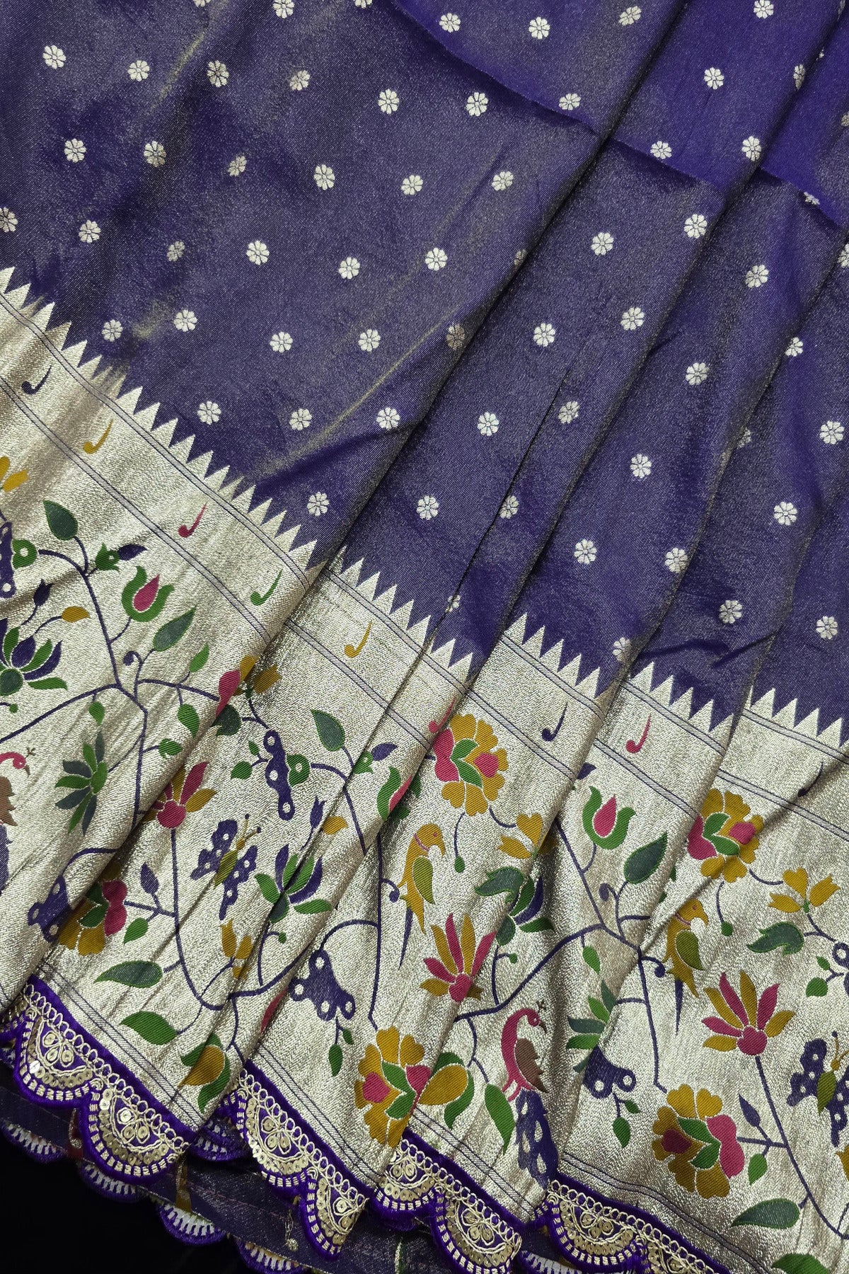 Traditional Peacock & Parrot Floral Pathani Inspired Uppada Tissue Fabric With Scalloped Border