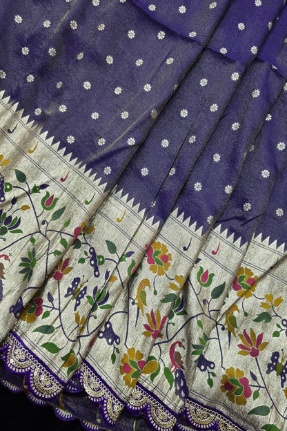 Traditional Peacock & Parrot Floral Pathani Inspired Uppada Tissue Fabric With Scalloped Border