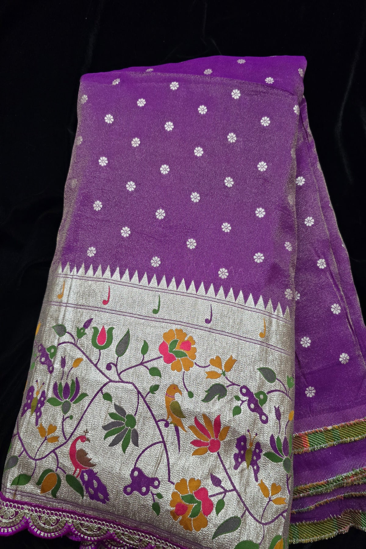 Traditional Peacock & Parrot Floral Pathani Inspired Uppada Tissue Fabric With Scalloped Border