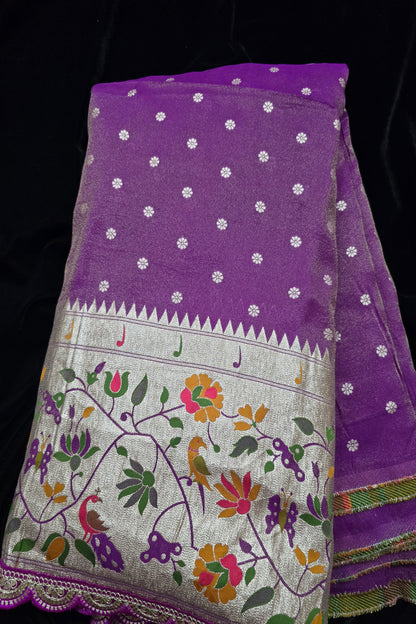 Traditional Peacock & Parrot Floral Pathani Inspired Uppada Tissue Fabric With Scalloped Border