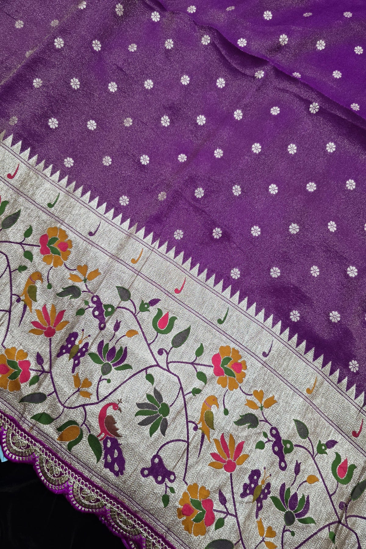 Traditional Peacock & Parrot Floral Pathani Inspired Uppada Tissue Fabric With Scalloped Border