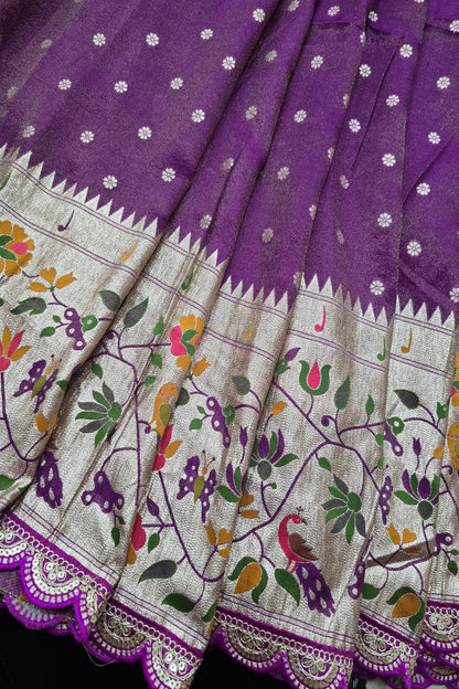 Traditional Peacock & Parrot Floral Pathani Inspired Uppada Tissue Fabric With Scalloped Border