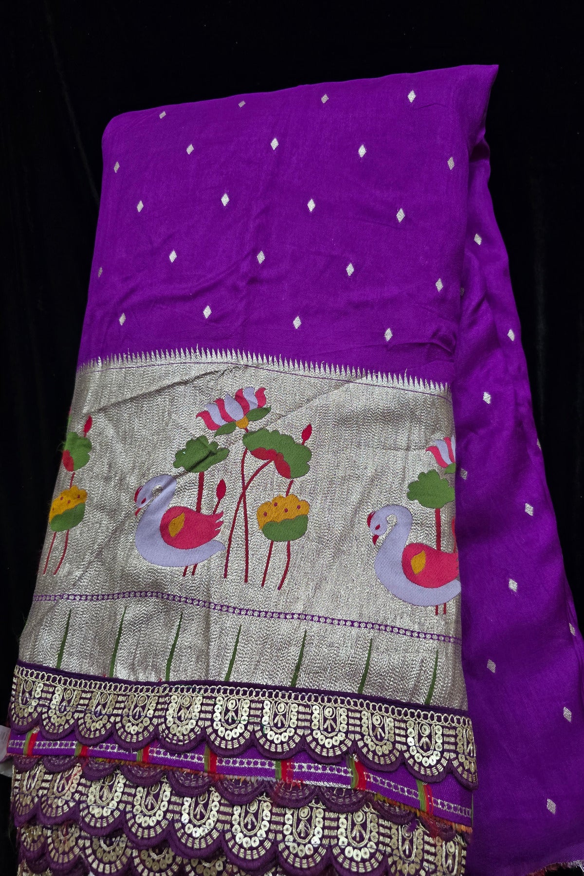 Russian Silk Woven With Paithani Border And Scallop Cutwork Lace Fabric.