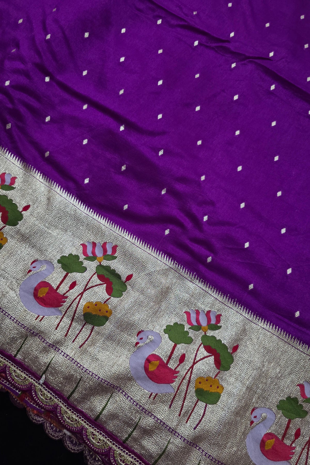 Russian Silk Woven With Paithani Border And Scallop Cutwork Lace Fabric.