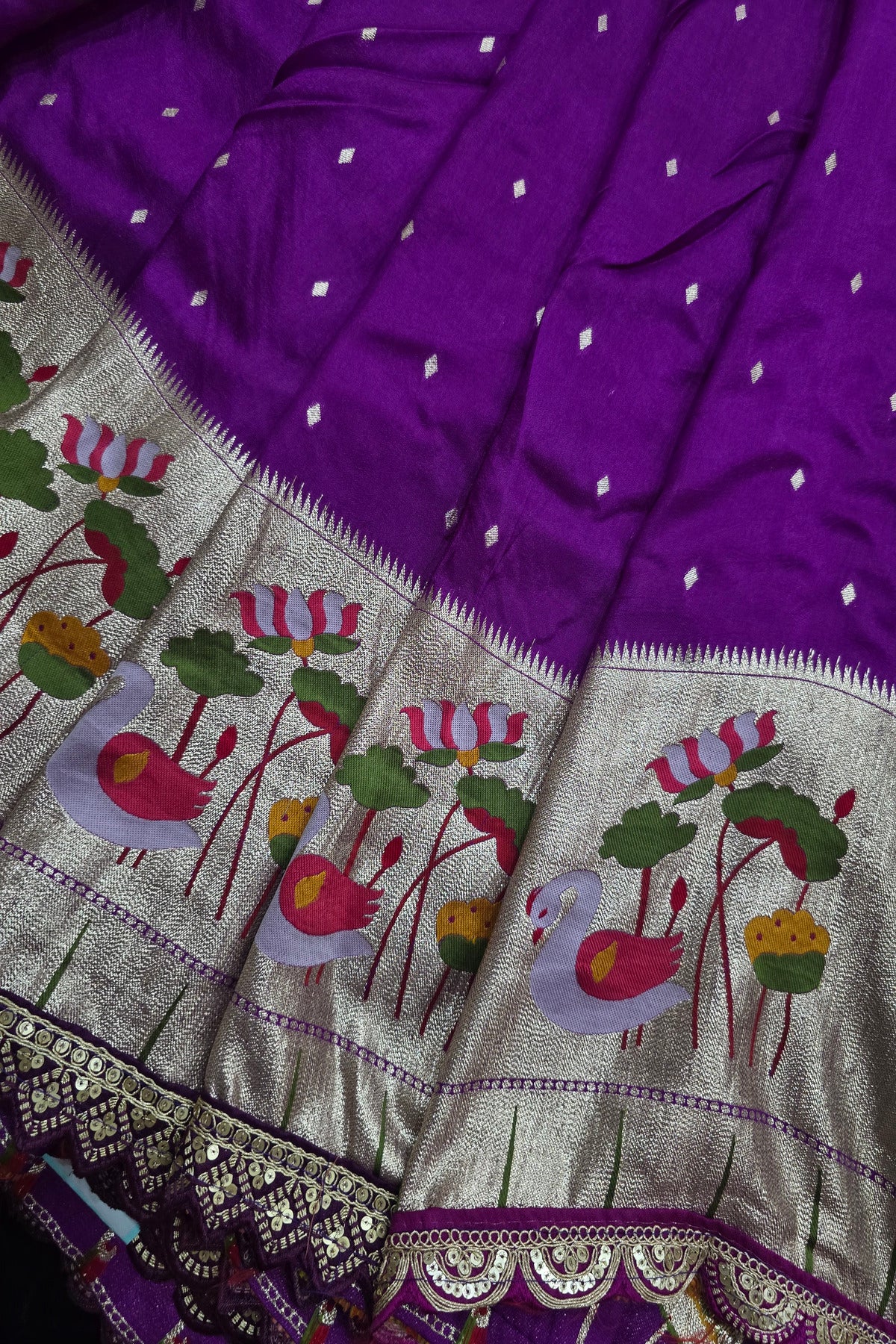 Russian Silk Woven With Paithani Border And Scallop Cutwork Lace Fabric.