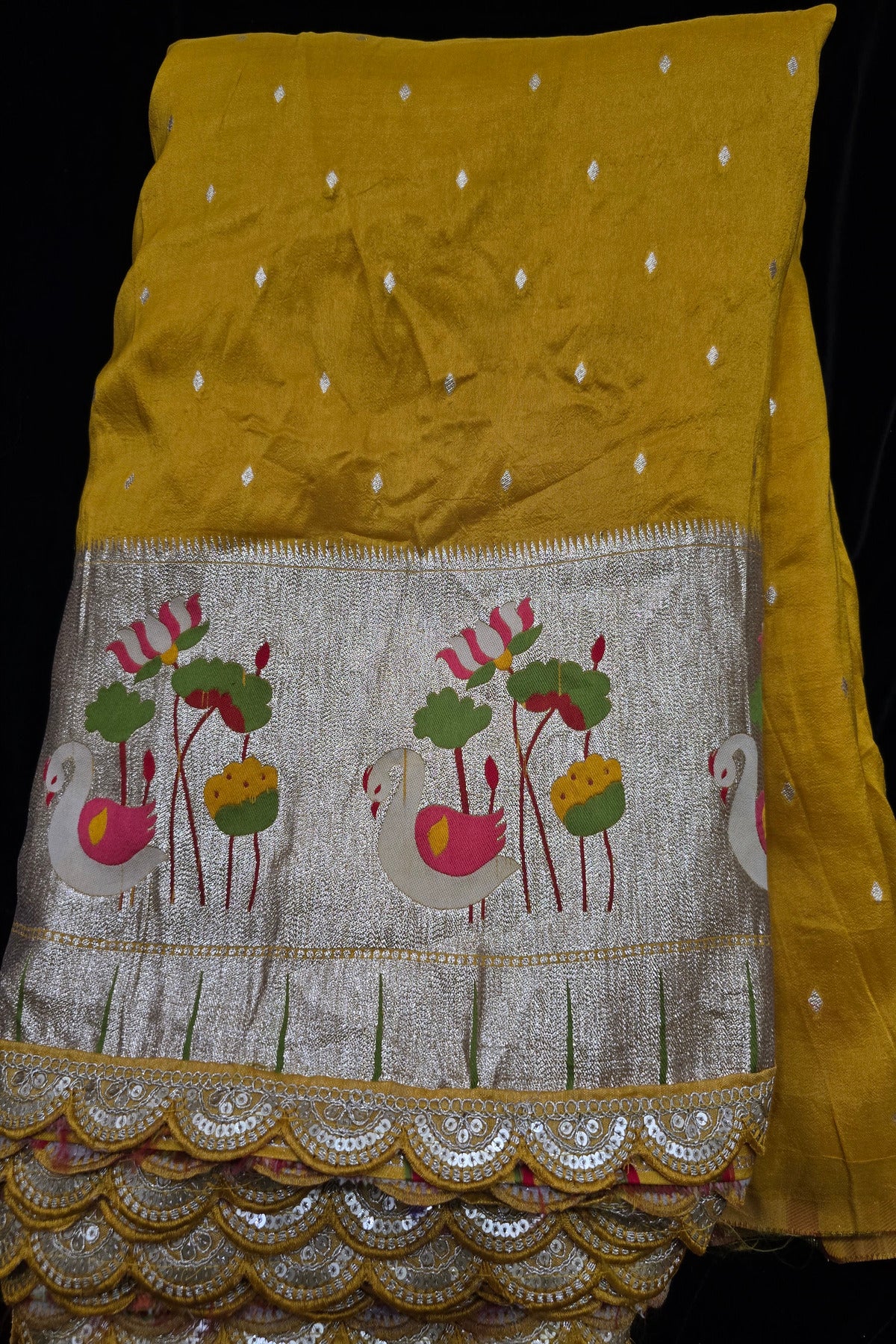 Russian Silk Woven With Paithani Border And Scallop Cutwork Lace Fabric.