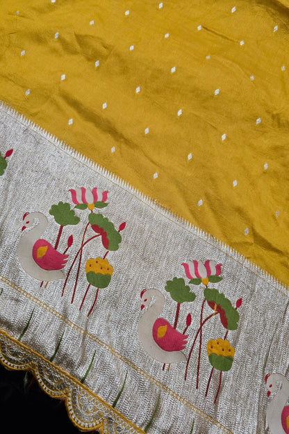 Russian Silk Woven With Paithani Border And Scallop Cutwork Lace Fabric.