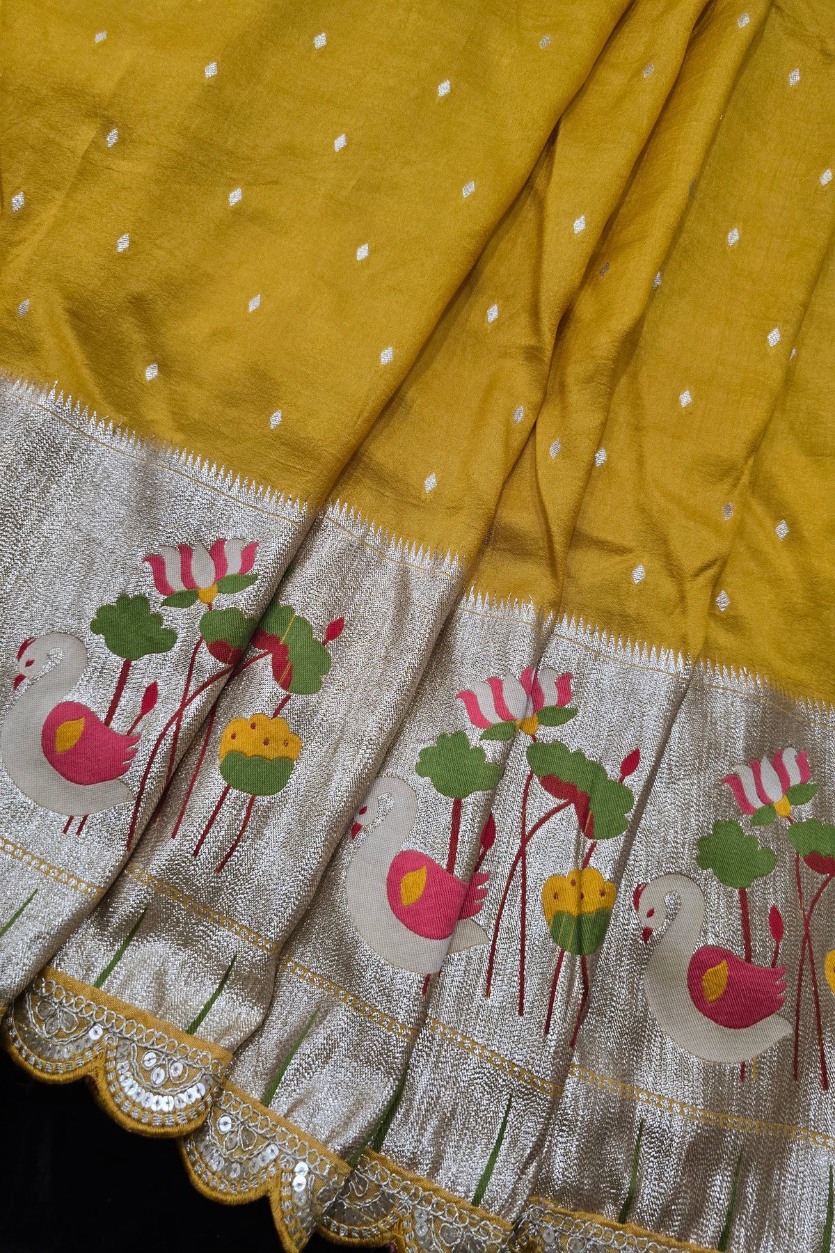 Russian Silk Woven With Paithani Border And Scallop Cutwork Lace Fabric.