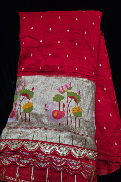 Russian Silk Woven With Paithani Border And Scallop Cutwork Lace Fabric.