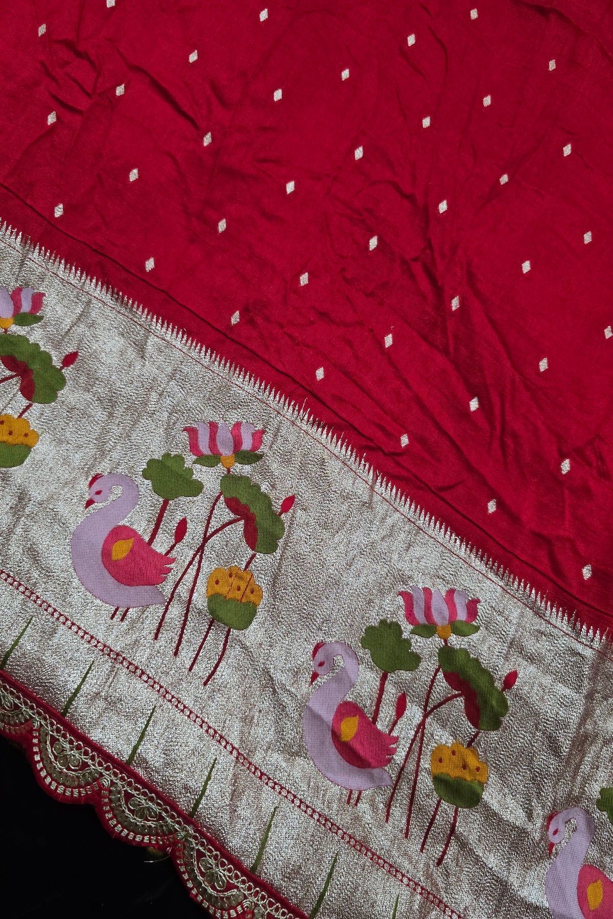 Russian Silk Woven With Paithani Border And Scallop Cutwork Lace Fabric.