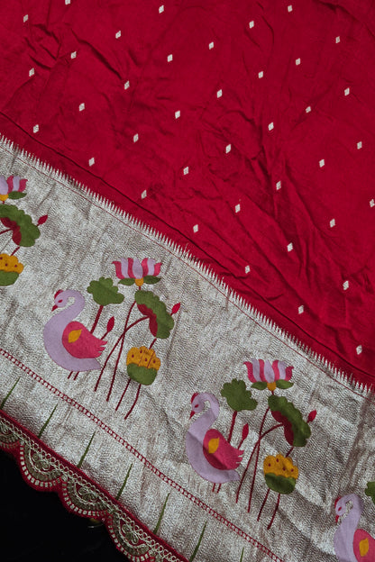 Russian Silk Woven With Paithani Border And Scallop Cutwork Lace Fabric.
