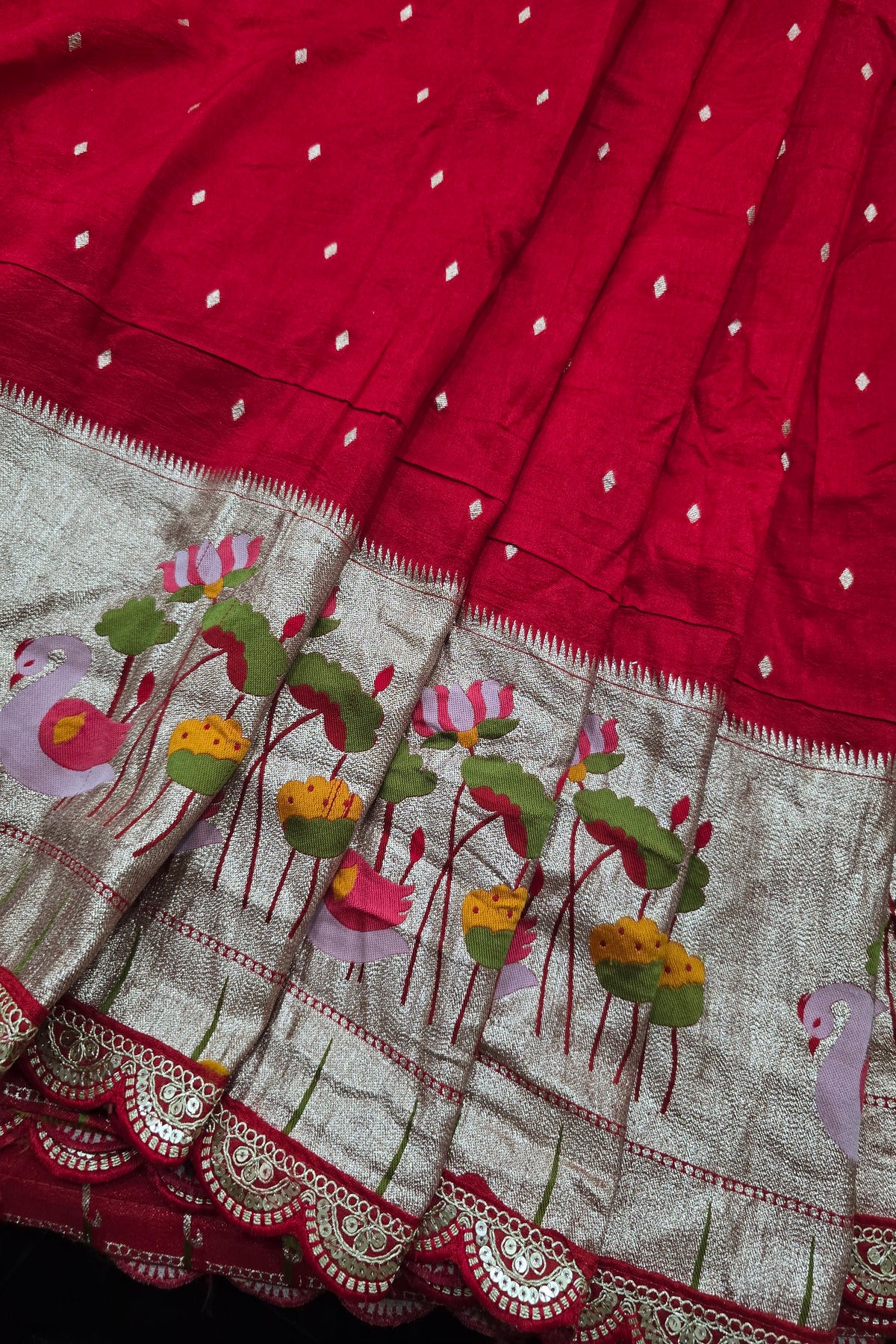 Russian Silk Woven With Paithani Border And Scallop Cutwork Lace Fabric.