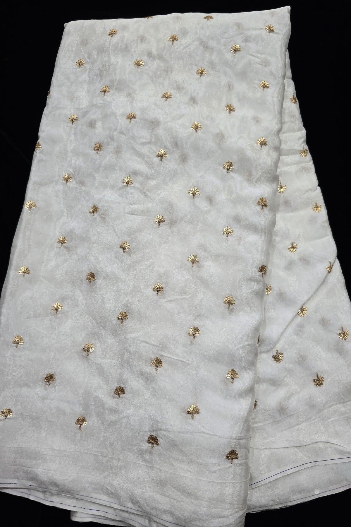 Gold-sequins Mini Autumn Leafs Embroidered White Dyeable Natural Crepe Fabric  480 44”