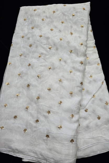 Gold-sequins Mini Autumn Leafs Embroidered White Dyeable Natural Crepe Fabric  480 44”