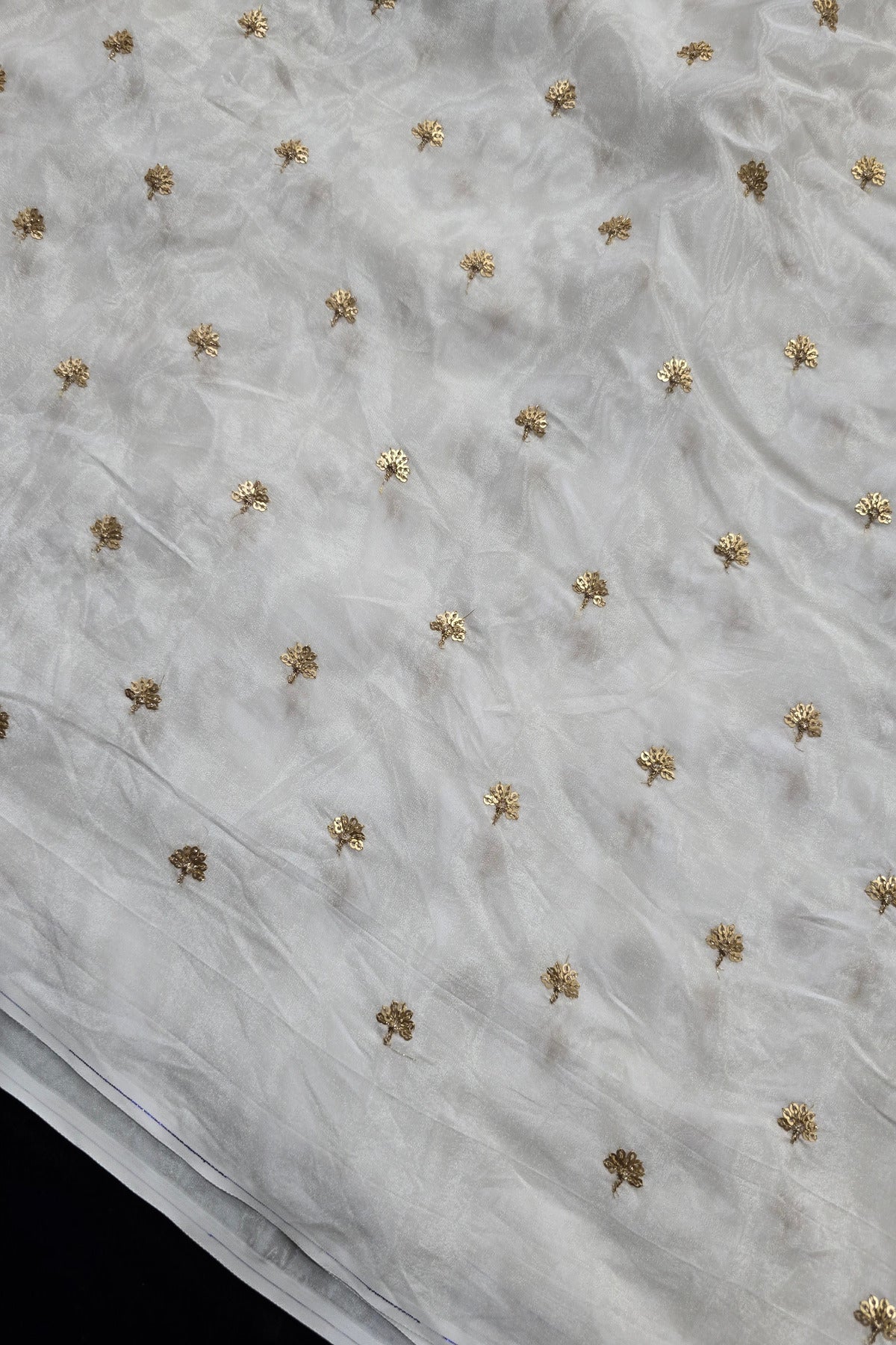 Gold-sequins Mini Autumn Leafs Embroidered White Dyeable Natural Crepe Fabric  480 44”