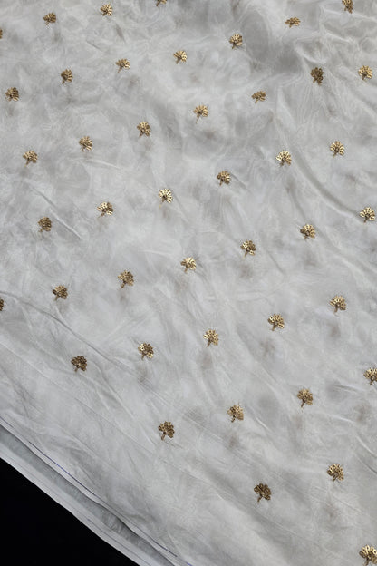 Gold-sequins Mini Autumn Leafs Embroidered White Dyeable Natural Crepe Fabric  480 44”