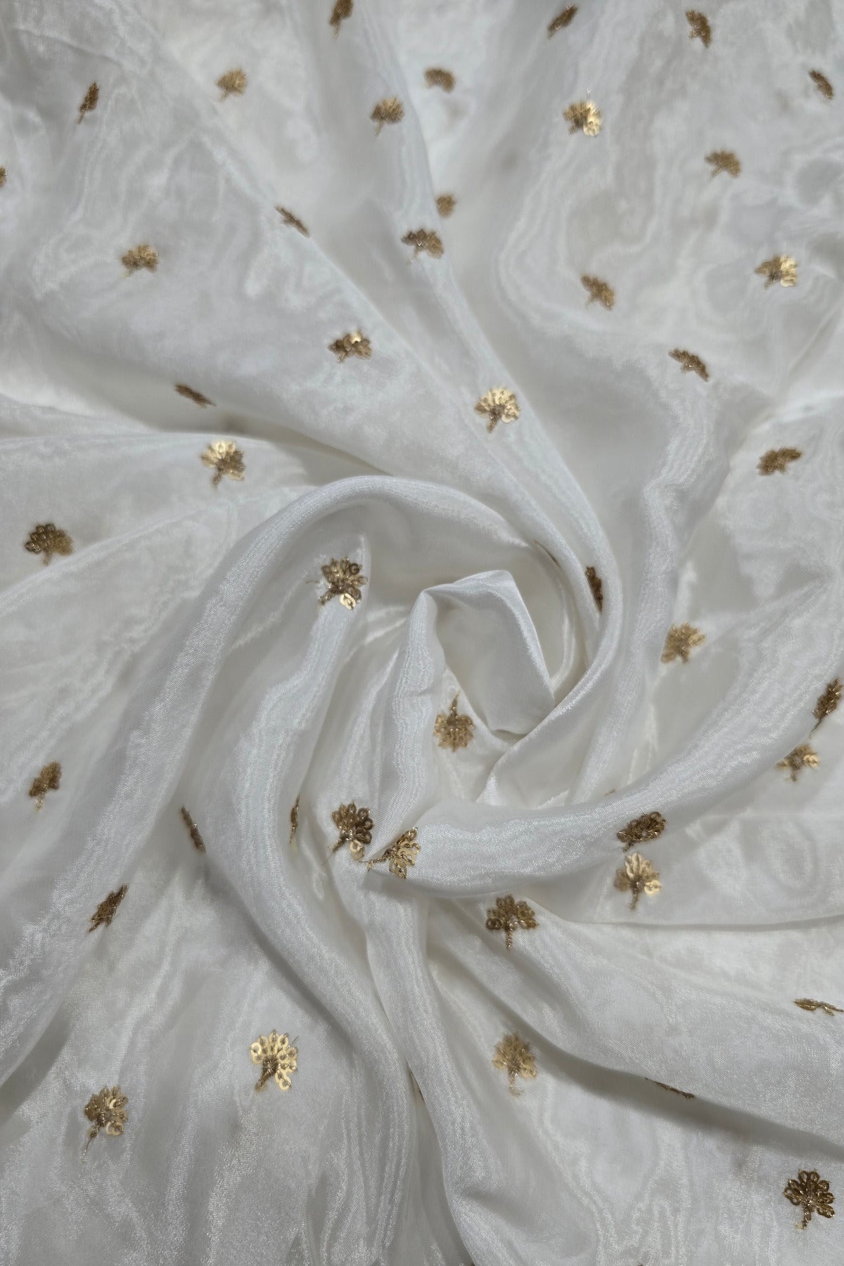 Gold-sequins Mini Autumn Leafs Embroidered White Dyeable Natural Crepe Fabric  480 44”