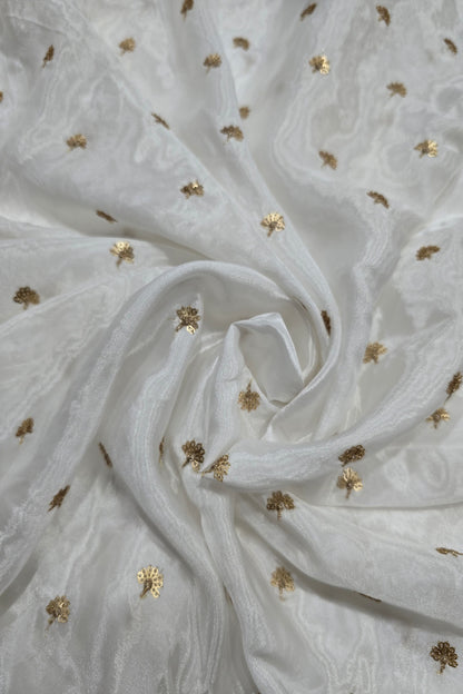 Gold-sequins Mini Autumn Leafs Embroidered White Dyeable Natural Crepe Fabric  480 44”
