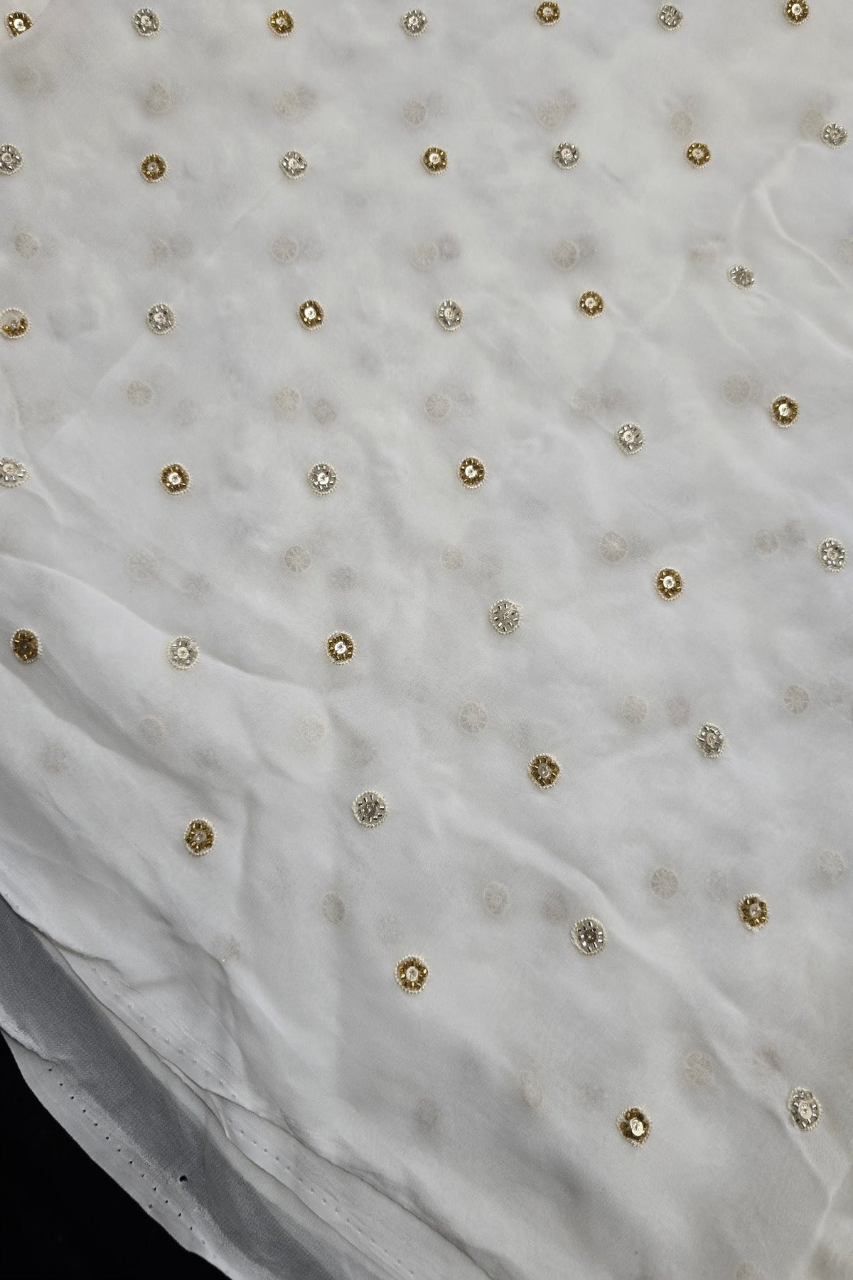 Polka Dots Embroidery Of Silver & Gold Cutbeads White Dyeable Georgette Fabric  25201932 695 44”