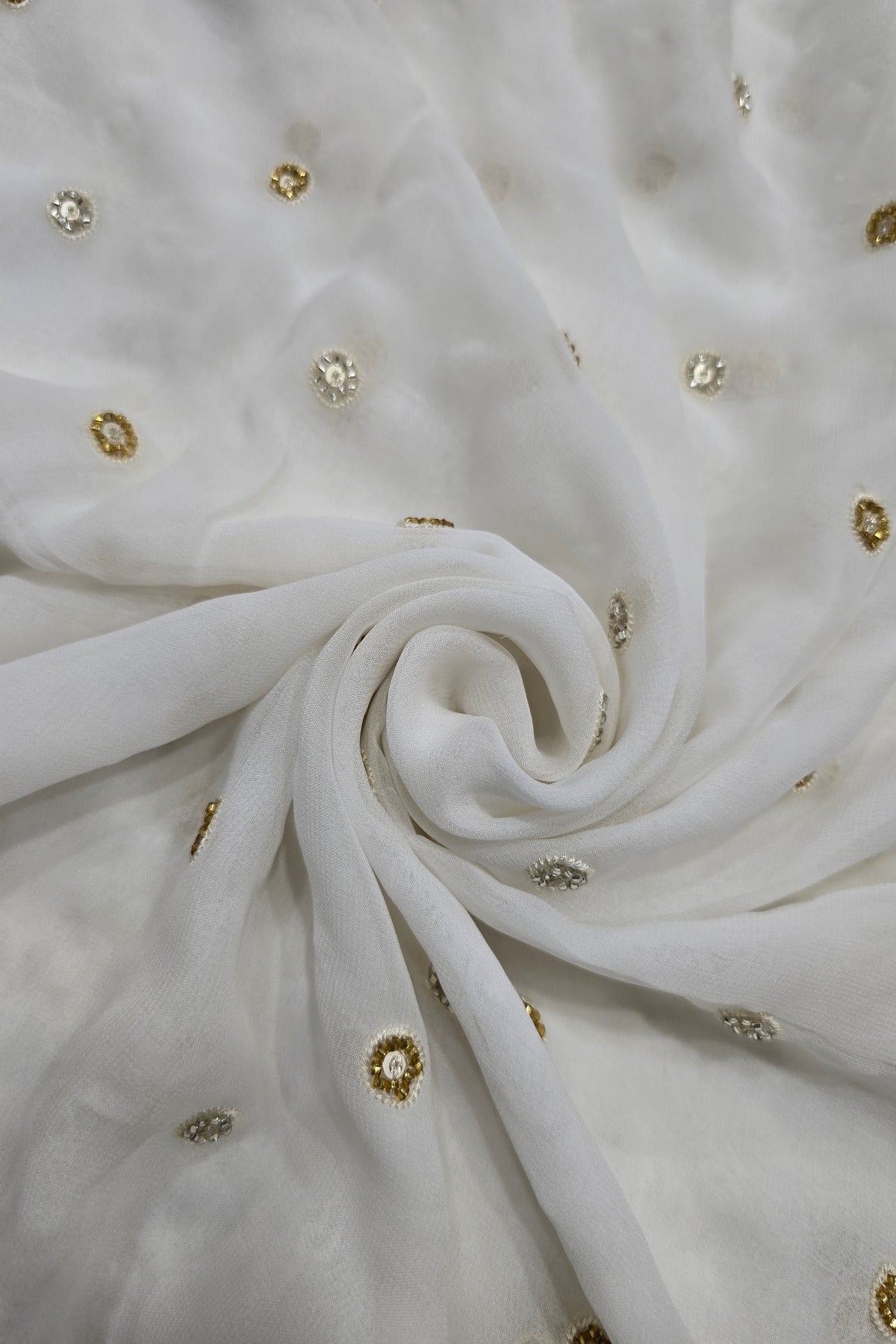 Polka Dots Embroidery Of Silver & Gold Cutbeads White Dyeable Georgette Fabric  25201932 695 44”