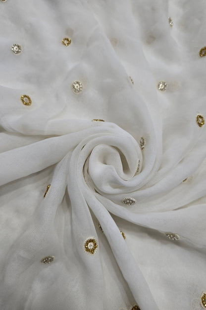 Polka Dots Embroidery Of Silver & Gold Cutbeads White Dyeable Georgette Fabric  25201932 695 44”