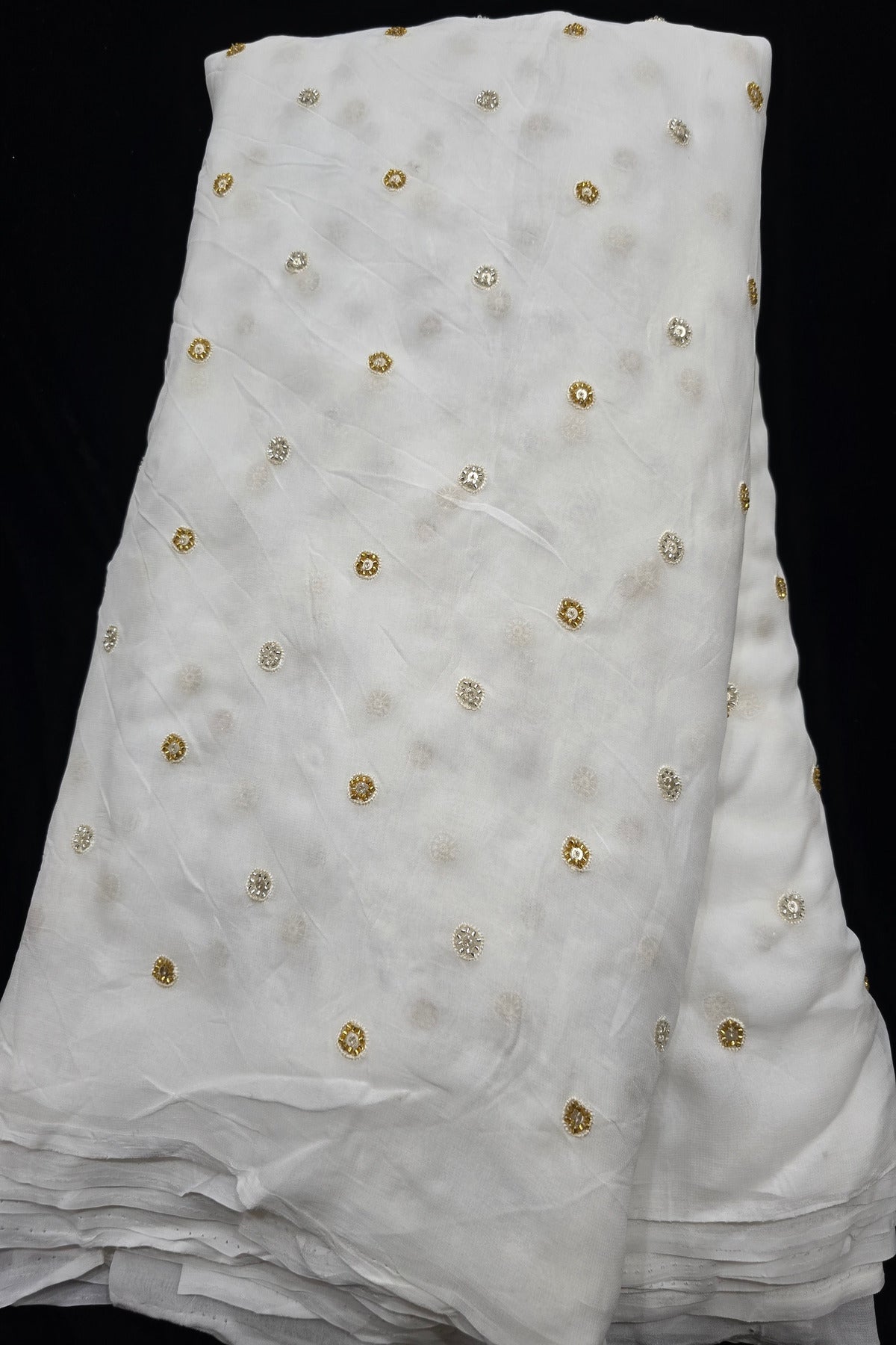 Polka Dots Embroidery Of Silver & Gold Cutbeads White Dyeable Georgette Fabric  25201932 695 44”