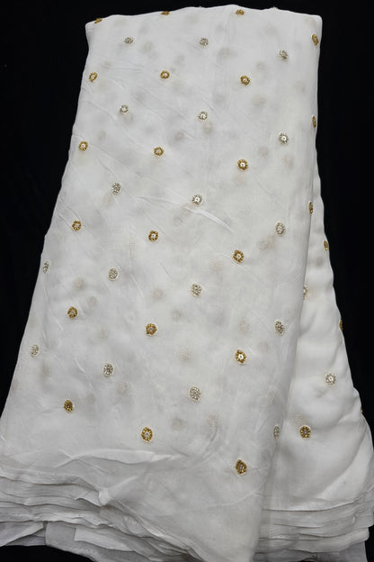 Polka Dots Embroidery Of Silver & Gold Cutbeads White Dyeable Georgette Fabric  25201932 695 44”