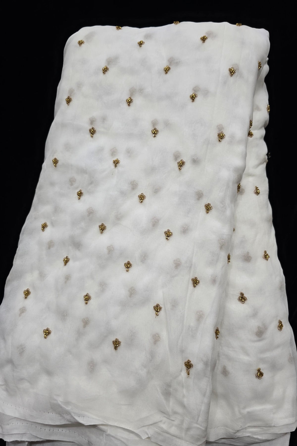 Miniature Leaf Cutbeads Embroidered White Dyeable Georgette Fabric