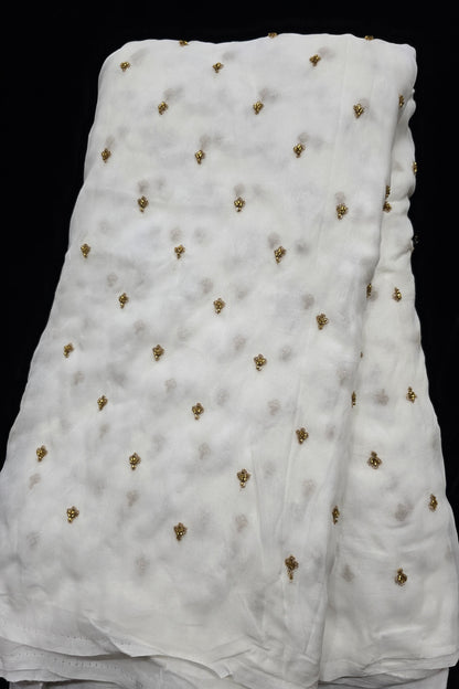 Miniature Leaf Cutbeads Embroidered White Dyeable Georgette Fabric