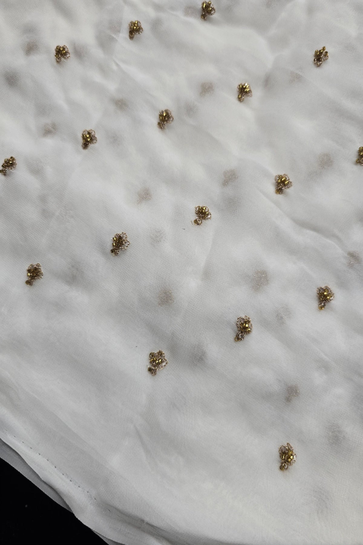 Miniature Leaf Cutbeads Embroidered White Dyeable Georgette Fabric