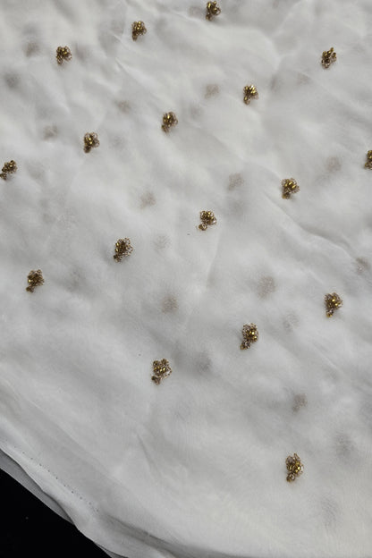 Miniature Leaf Cutbeads Embroidered White Dyeable Georgette Fabric