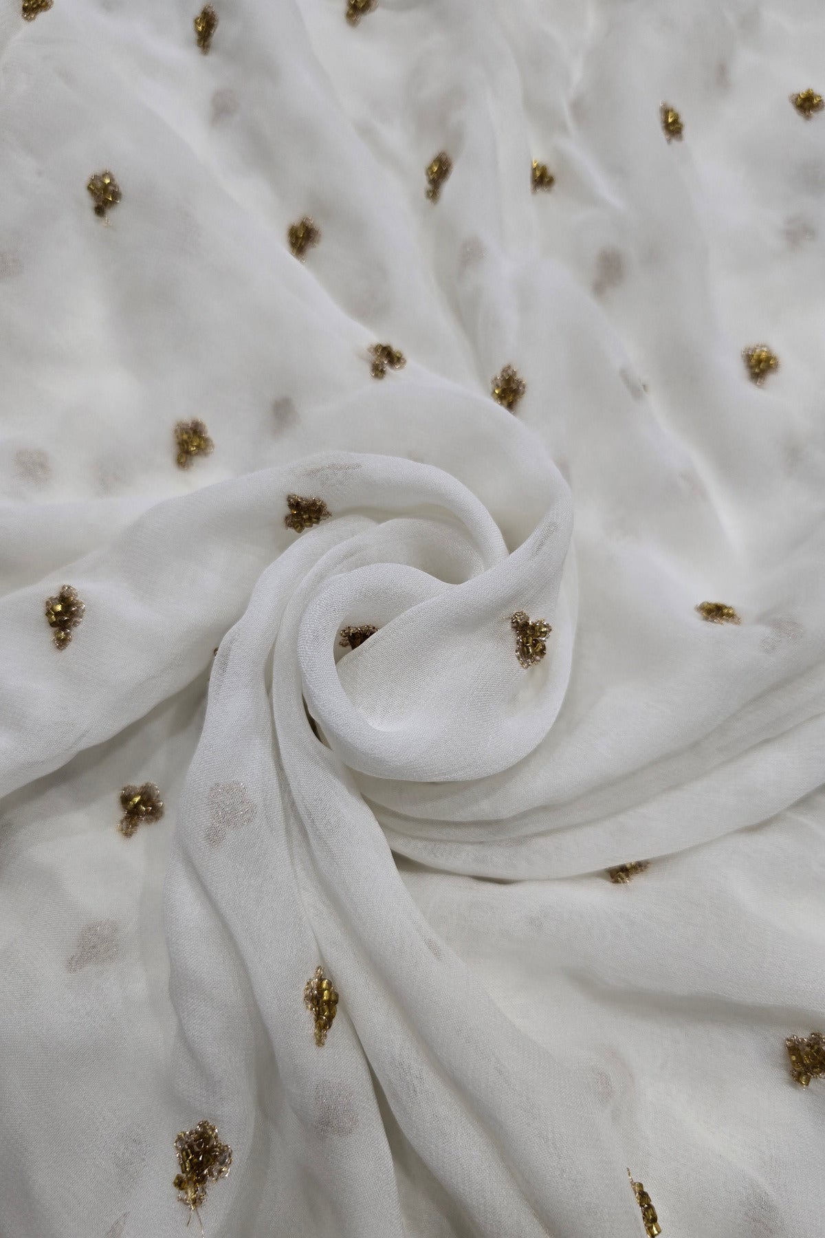 Miniature Leaf Cutbeads Embroidered White Dyeable Georgette Fabric