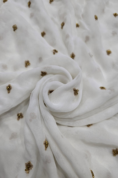 Miniature Leaf Cutbeads Embroidered White Dyeable Georgette Fabric