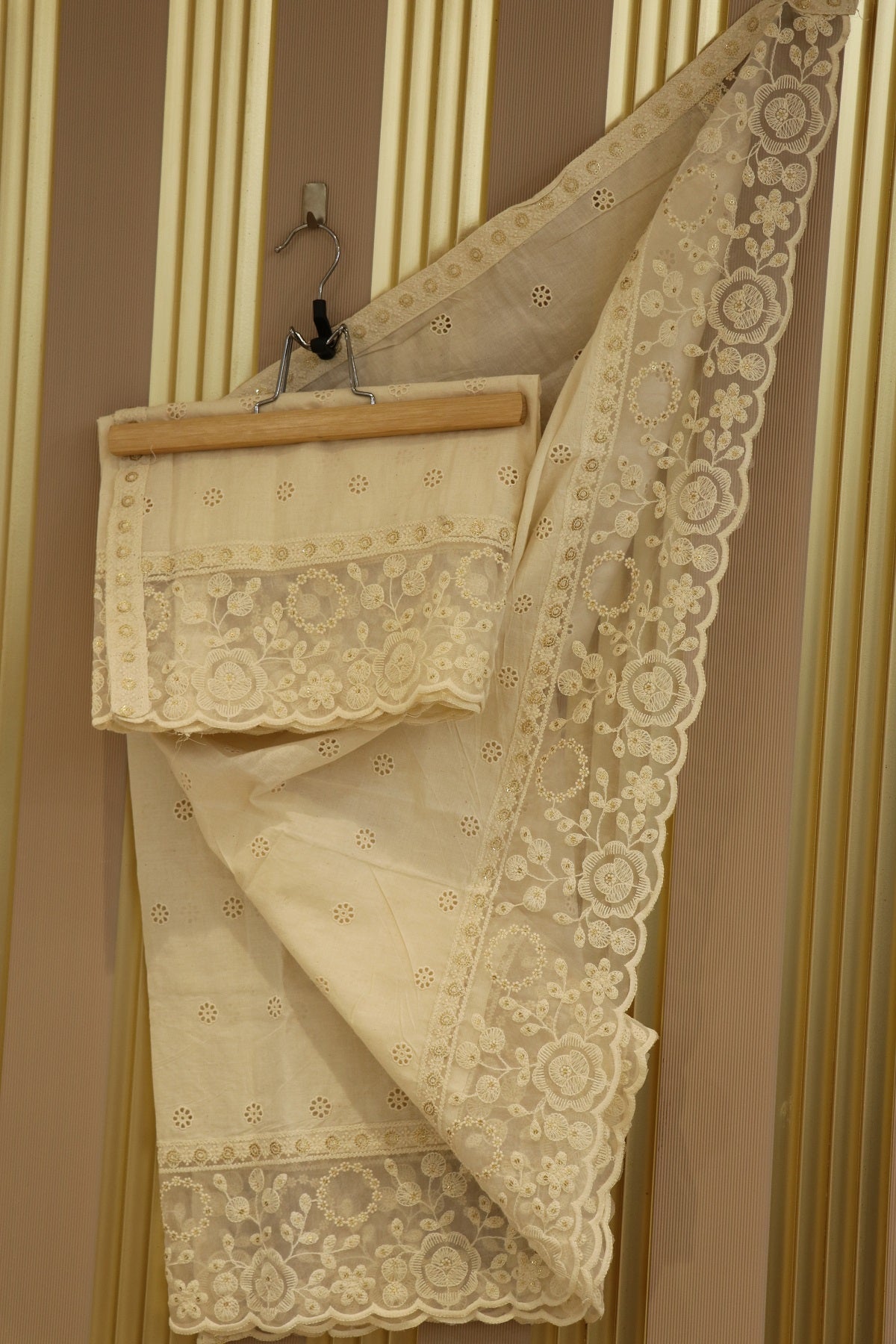 White Dyeable Kora Cotton Dupatta with Hakoba Butis and Organza Scalloped Border