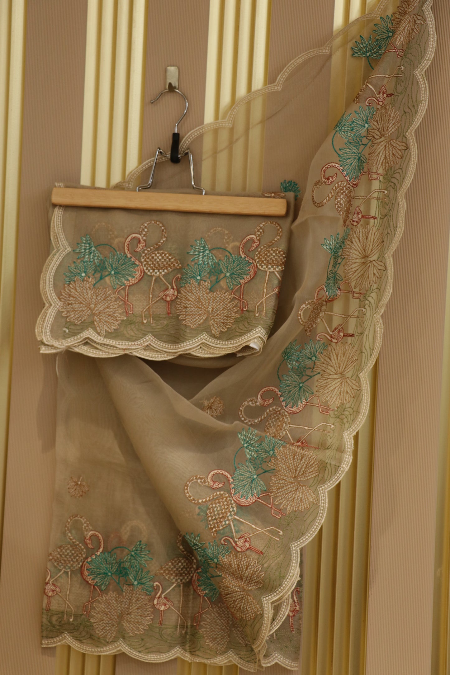 Pure Organza multi color thread embroidered dupatta scalloped