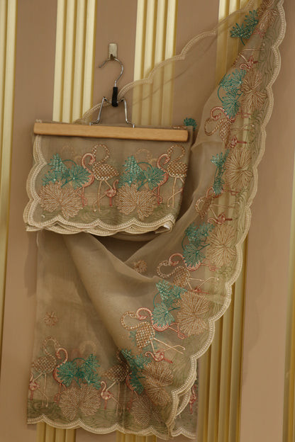 Pure Organza multi color thread embroidered dupatta scalloped