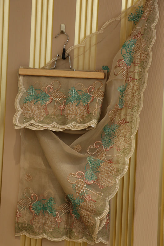 Pure Organza multi color thread embroidered dupatta scalloped