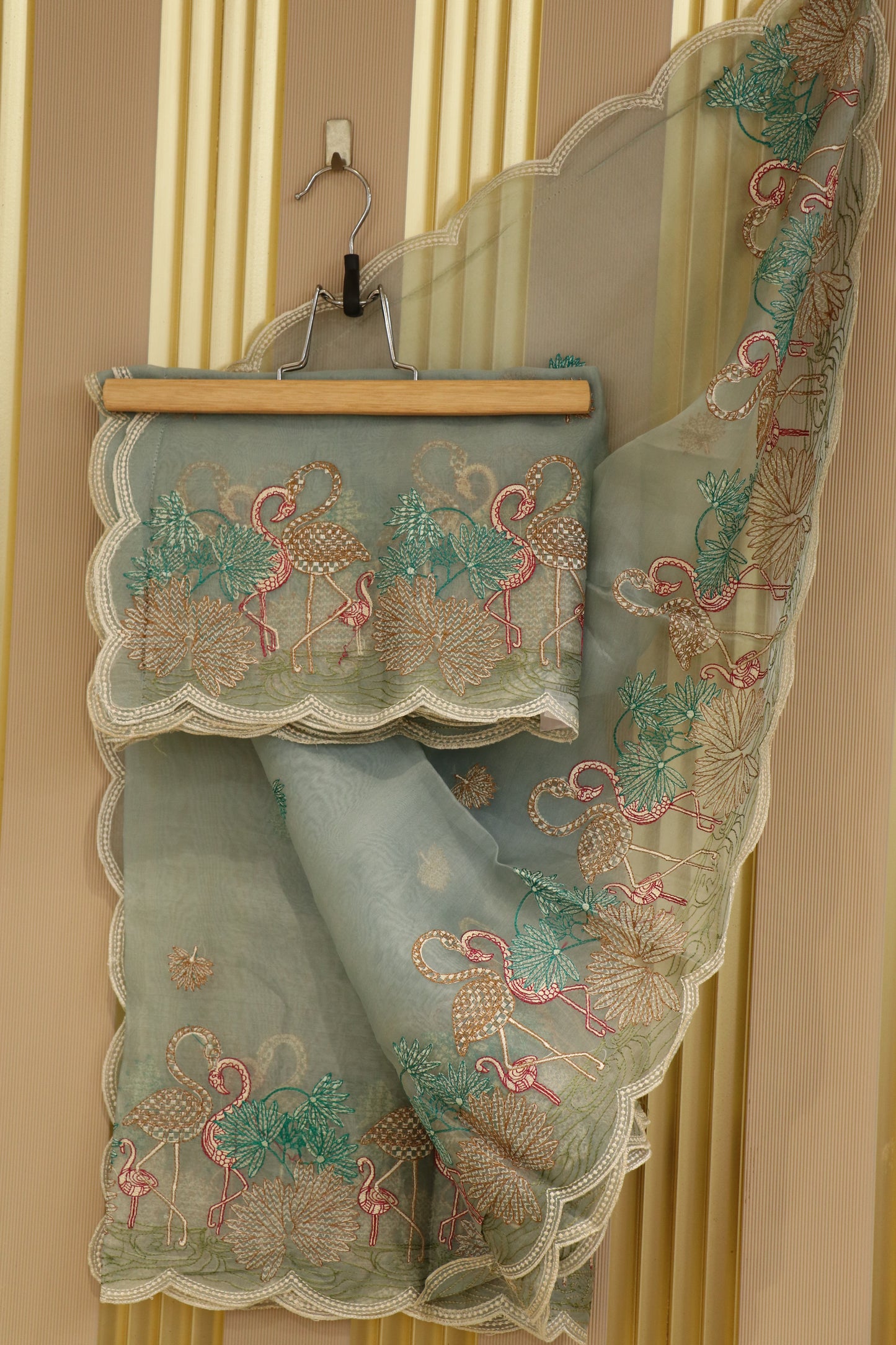 Pure Organza multi color thread embroidered dupatta scalloped