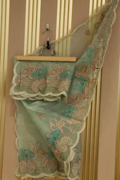 Pure Organza multi color thread embroidered dupatta scalloped