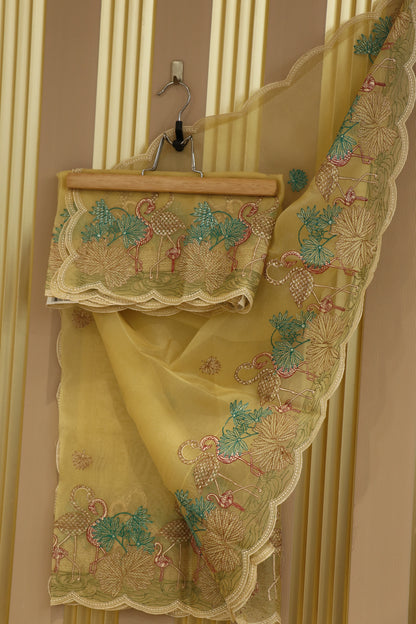 Pure Organza multi color thread embroidered dupatta scalloped