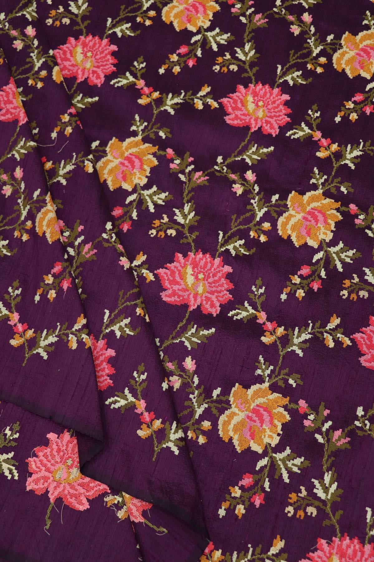 Royal Purple Embroidered Pure Raw Silk Fabric