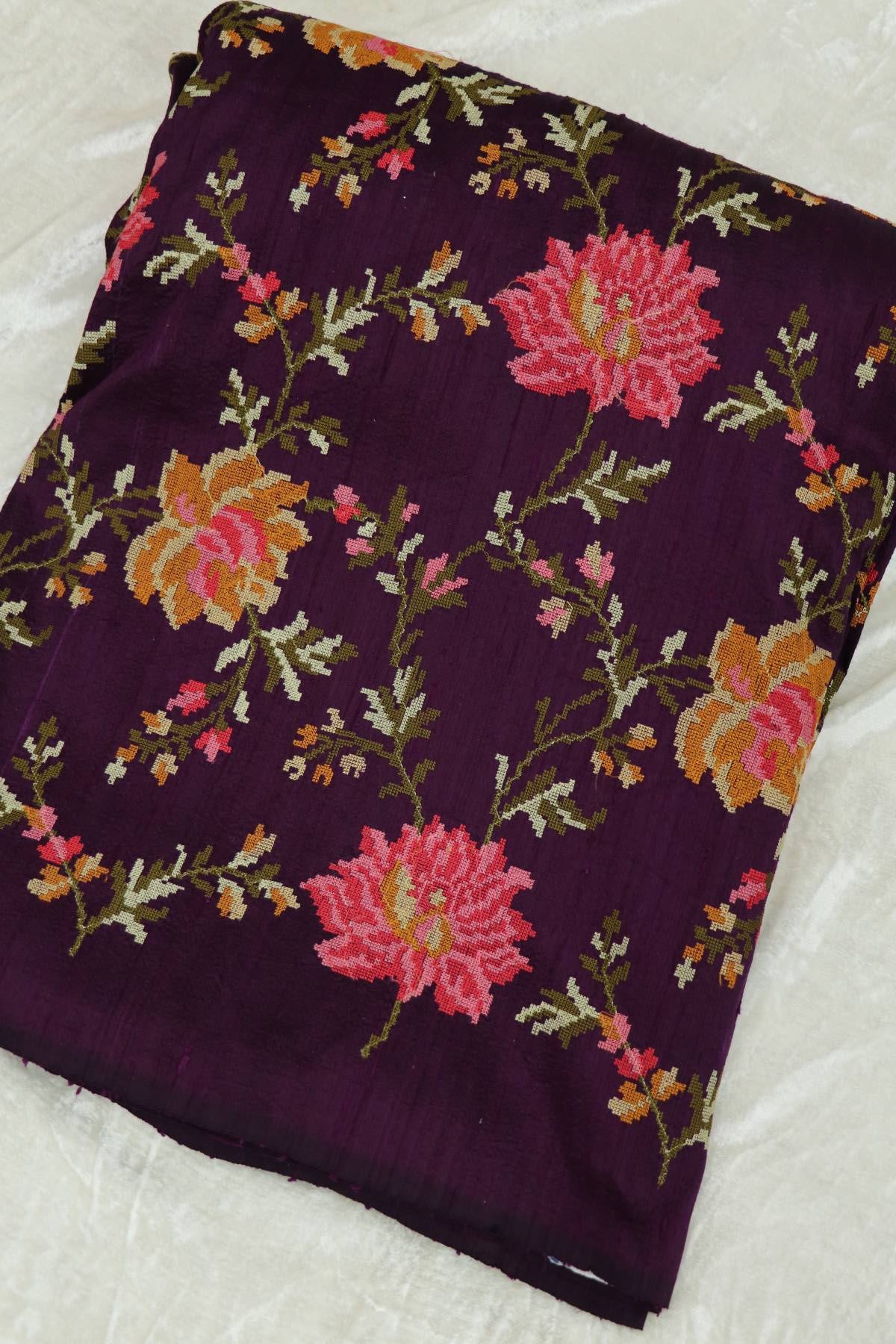 Royal Purple Embroidered Pure Raw Silk Fabric